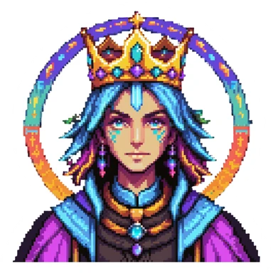 powerful human mage with detailed face and crown, surrounded by vibrant colorful aura sticker