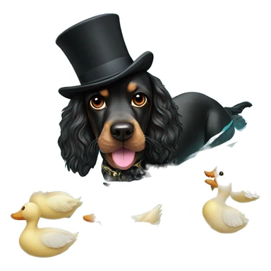 black working cocker spaniel with mustache and top hat swimming in a pool of ducks sticker