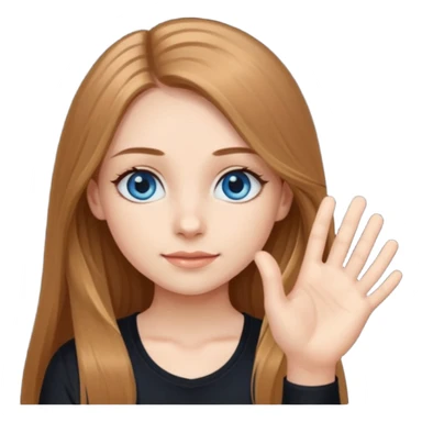 A girly girl with long eyelashes, very long light brown hair, blue eyes, with her palm up. with black undershirt sticker