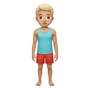 Emoji-style person standing in beach shorts, skin visibly sunburned and red on arms, legs, and face, but chest and shoulders clearly lighter with tank top tan lines. Expression shows mild pain or discomfort, cute rounded emoji design, soft 3D shading, vibrant colors sticker