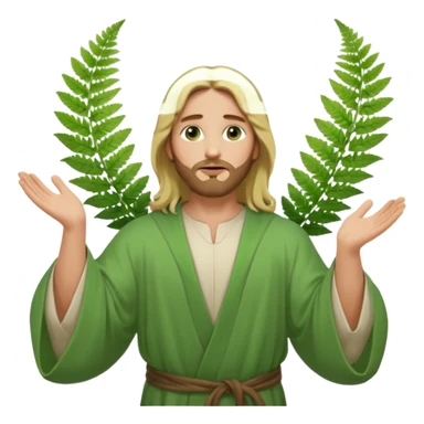 Jesus, green eyes, blonde hair, light green robe. opening arms, gazing thoughtfully. Soft light, subtle fern. Waist-up, profile. sticker