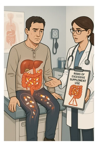 a man sits on a doctor’s examination table, looking fatigued and uncomfortable. A transparent anatomical overlay reveals his liver and intestines, both appearing inflamed and congested, with stylized supplement capsules and pills scattered throughout the digestive tract. The doctor stands nearby, holding a chart that highlights the risks of excessive supplement use. The mood is clinical and educational. sticker