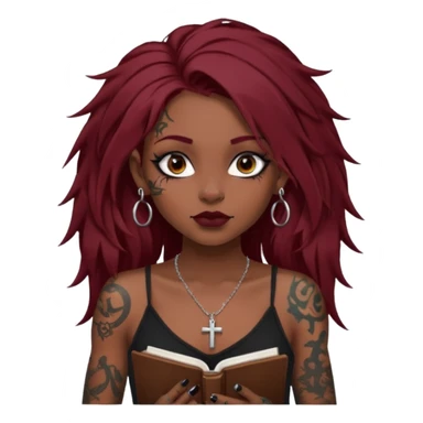 generate an ios genmoji of a dusky girl with long dark red messy hair with eyeliner on her eyes. septum piercing, wearing a cami black top, has tattoos, on shoulders. ear piercings. wearing a cross silver necklace. carrying a lot of sketchbooks sticker