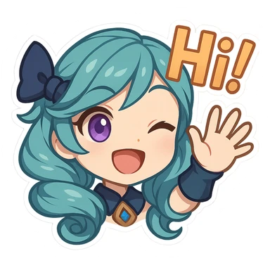 Gwen from League of Legends, chibi emote style, only head and hand visible, right eye purple, right hair bow included, high-energy 'hi!' expression, cute and expressive sticker