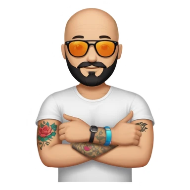  Bald man with sunglasses black beard saying hi with only one colorful tattoo on forearm  sticker
