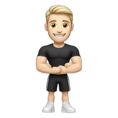 Joyful Celebrating victory Pale skinned Fit Man With the biceps and dark brown hair in black shirt, gray sports shorts and white Sneakers sticker