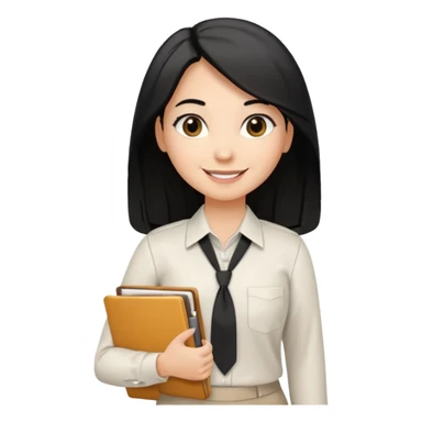 a light tan woman with long black hair past mid-back, round brown eyes, with folders in her hands. she has a id lanyard on and white professional blouse. sticker