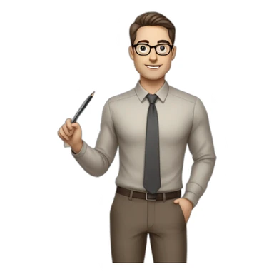 Pale skinned fit man with dark brown hair in gray jacket, beige office shirt, brown tie, brown pants and vintage glasses Writing on the flipchart sticker