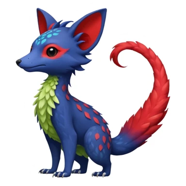 Feral Rare Fantasy vibrant tropical red and indigo and lime-collred Vernid-Trico-species-creature by LiLaiRa, random markings, tufted tail, tufted ears, full body sticker