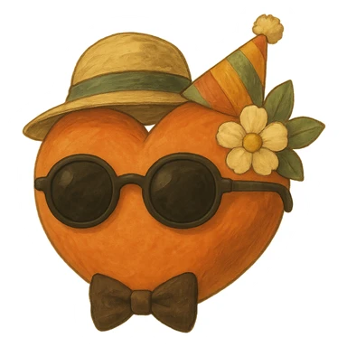 Add sunglasses, a party hat, and a bow tie to the orange heart. Keep the soft and painterly ghibli style with no background as in the reference image. sticker