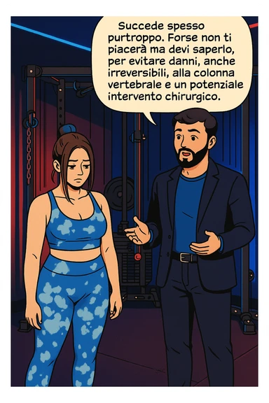 fai questa immagine in versione fumetto/manga/webtoon a colori, il manga mostra l'uomo che risponde alla donne:
Succede spesso purtroppo. 
Forse non ti piacerà ma devi saperlo, per evitare danni, anche irreversibili, alla colonna vertebrale e un potenziale intervento chirurgico. sticker