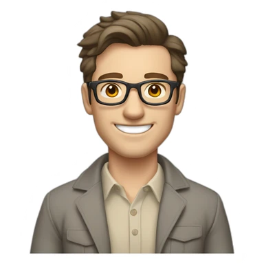 Joyful Pale skinned Fit Man With dark brown hair in gray jacket, beige office shirt, Brown pants and vintage glasses. His thrumbs up sticker