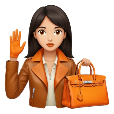 Beautiful exotic and tan woman wearing a leather Hermes jacket. She has an orange Hermes Birkin Bag. I want the image to be close up.  sticker