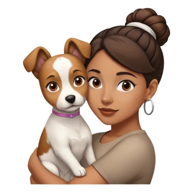 sort, 30 year old, brown girl, back Bun hairstyle, with a white brown dog sticker