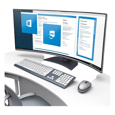 Create an emoji for UX/UI design. Show  large curved monitor displaying windows with UX/UI design HTML program interface. Include a mouse, keyboard, and stylus next to the screens. Use modern, professional colors. Do not include any emojis or smiley faces. Make the background transparent. sticker