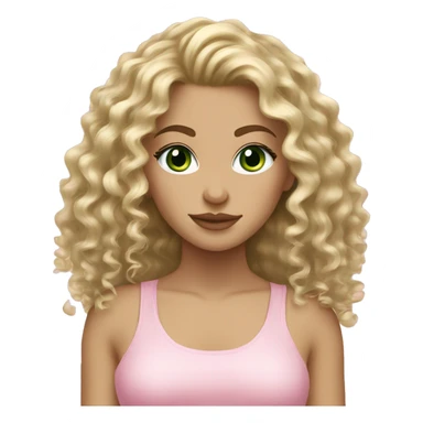 Dirty blonde curly hair, fair skin,dark green eyed blonde girl wearing light pink sticker