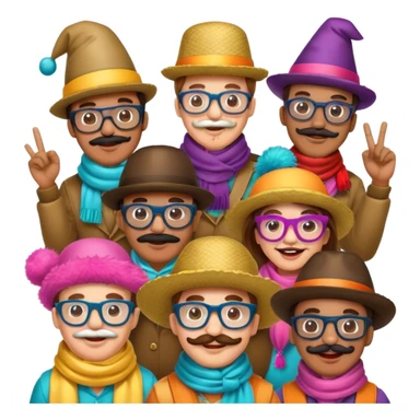 people wearing fun party costumes, mustaches, big glasses, boas scarves, funny hats, having fun celebration  sticker