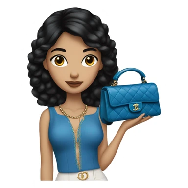 Spanish girl, straight black hair, blue eyes, Chanel handbag in hand sticker