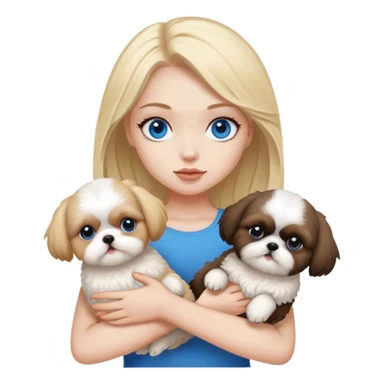 Blonde girl with pale skin and blue eyes  holding 2 Shih tzus one tan and one all black  sticker