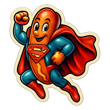 hot dog dressed as Superman, superhero pose, cape, nostalgic stickers, bold gradients, and soft borders evoke an 80s-90s glossy aesthetic sticker