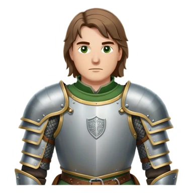 medieval battle armor worn by a DnD themed fantasy character. basic padded gambeson with metal pauldrons and a reinforced gorget. armor only above the waist. The armor full waist. The character's haven't arms. character is brown hair green eyes shoulder-length straight hair white man. sticker