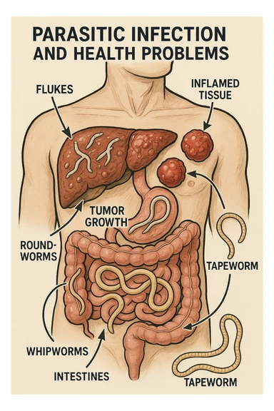a cross-section of a man’s torso displays various types of parasites embedded in the liver, intestines, and other organs. Tumor growths and inflamed tissues are clearly depicted, with arrows or labels explaining the link between parasitic infection and health problems. The mood is cautionary and informative. in italiano sticker
