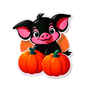 A black piglet holding 4 pumpkins with 4 “luck” written on it. sticker