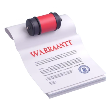 3D icon style legal document labeled 'WARRANT' at the top, white paper, body text, signature and stamp at the bottom, bright lighting sticker