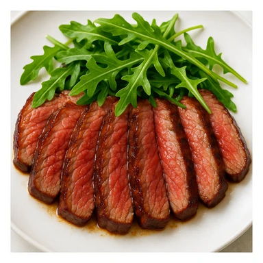 juicy beef steak slices arranged on a plate, topped with arugula, vibrant colors sticker
