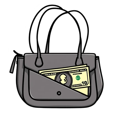 black leather handbag with dollar bill visible inside sticker