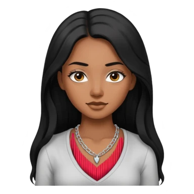 Brown skin girl with long black hair with 4 edges 2 on each side wearing a v-cut neckline shirt with a silver necklace sticker