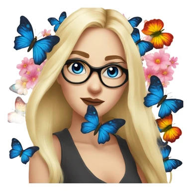 Gorgeous flowing blonde lady blue eyes with flowers and butterflies wearing glasses  sticker