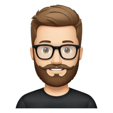 Fair-skinned man with full beard, short hair styled upward, large black-framed glasses, smiling, wearing black athletic fabric shirt sticker