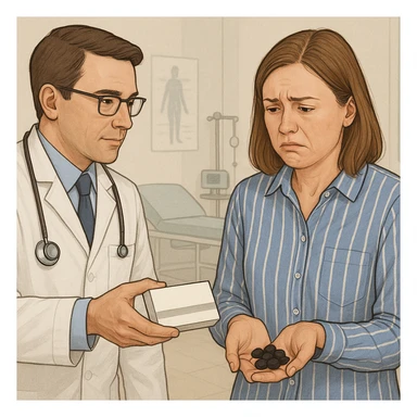 A realistic or illustrative style image of a doctor in a white coat handing a box of medicine to a woman with a discomforted expression. The woman holds pills in her hand. The background is a clinic room, inspired by the reference image. sticker