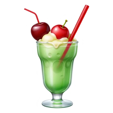 Create an emoji with a clear rounded glass, bright transparent green soda with fine bubbles, a smooth vanilla scoop, a glossy red cherry, and a red straw, using vibrant colors, soft shading, and clear glass highlights.
 sticker