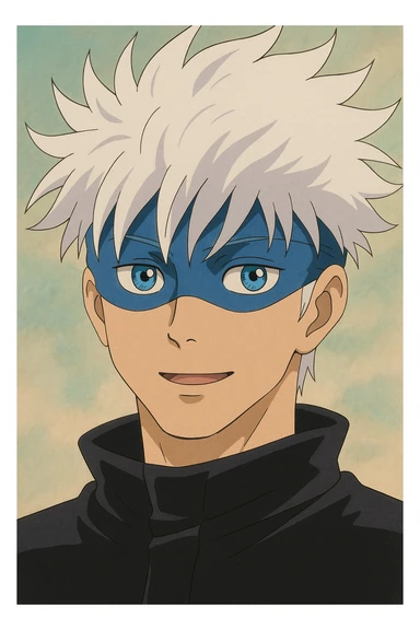 Gojo Satoru, close-up portrait, expressive eyes, white spiky hair, blue blindfold, soft background, Ghibli style sticker