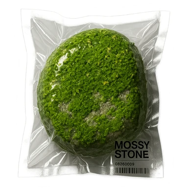 stone mostly covered in green moss with small flowers, glossy and puffy sticker