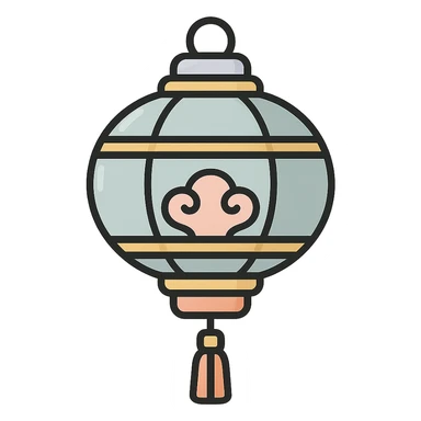 beautiful Chinese lantern with golden decor and tassel, thin clean outlines, soft rounded shapes, pastel palette #98B5BC, #B5B3C1, #C9A3C9, #E4C0CA, #F7DCD1, #F7C0AA, detailed shadows and highlights, soft lighting, transparent background, oriental style sticker