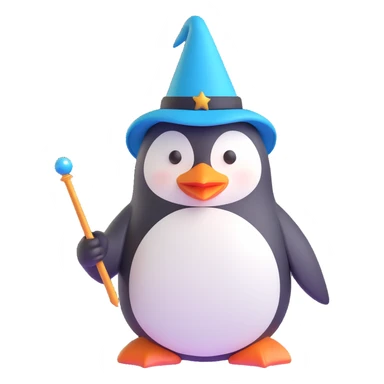 A penguin wizard with a pointy hat and a magic wand sticker