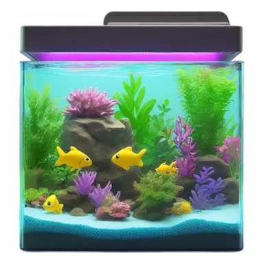 One Rectangular fish tank, beige lid and wedges with green plants inside  and  fish in different neon colors (pink, yellow, purple, green, blue) sticker