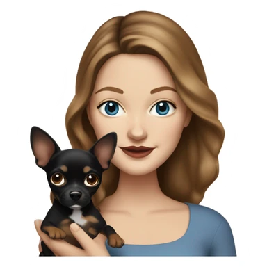 Drew Barrymore Lookalike, brunette with blue eyes holding a black and brown chihuahua sticker