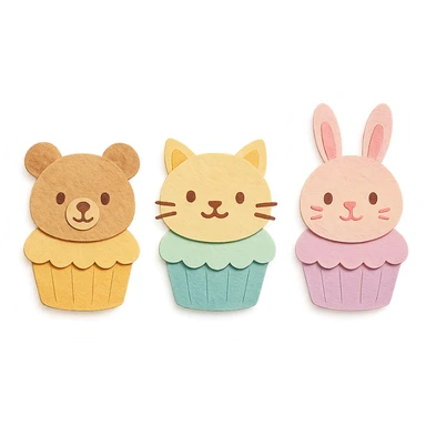 mini cupcakes with animal faces of bear, cat, and rabbit, soft pastel tones, paper craft style, transparent background sticker