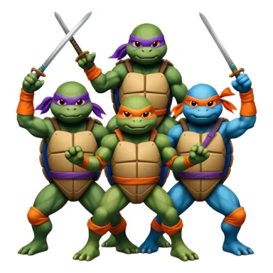 Give me a picture of 4 teenage mutant ninja turtles. Make them hold a fighting pose. One should be red, another orange, another purple, another blue sticker