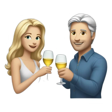A white woman with brown eyes and blond medium long hair and a white man with blue eyes and grey hair, they toast to each other with a glass of white wine. sticker