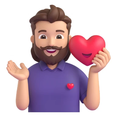 Create a 3D emoji style sticker of the character holding a red heart in both hands in front of him, with a light smile on his face. The character should resemble the reference image with a similar hairstyle, beard, and shirt. The overall look should be friendly and warm. sticker