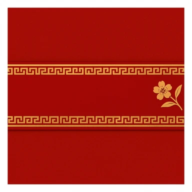 eastern style plaque for post signature, ultra long horizontal rectangle 1200x100px, only red and gold colors, with traditional Chinese pattern, minimal peach blossom accent, no text sticker