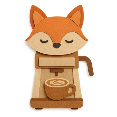cute fox-shaped coffee maker holding a small latte cup, soft brown and beige colors, full-body sticker