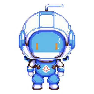 Classic bomberman character, blue and white colors, round helmet with antenna, cute pixel art style sticker