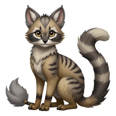Cute kawaii cool edgy badass  ashen grey fur with smoky charcoal ombré fade fantasy-caracal-civet-genet-sergal-vernid-Gryphon-Cacomistle-Trico-oncilla-animal-Fakémon-hybrid-fursona (full body), facial markings, (realism style) sticker