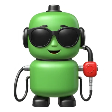 A cute 3D icon of a green gas pump character wearing oversized black sunglasses. Round and chubby proportions, glossy toy-like texture, soft pastel lighting, friendly expression, smooth edges, high-quality render, isolated on a transparent background. sticker